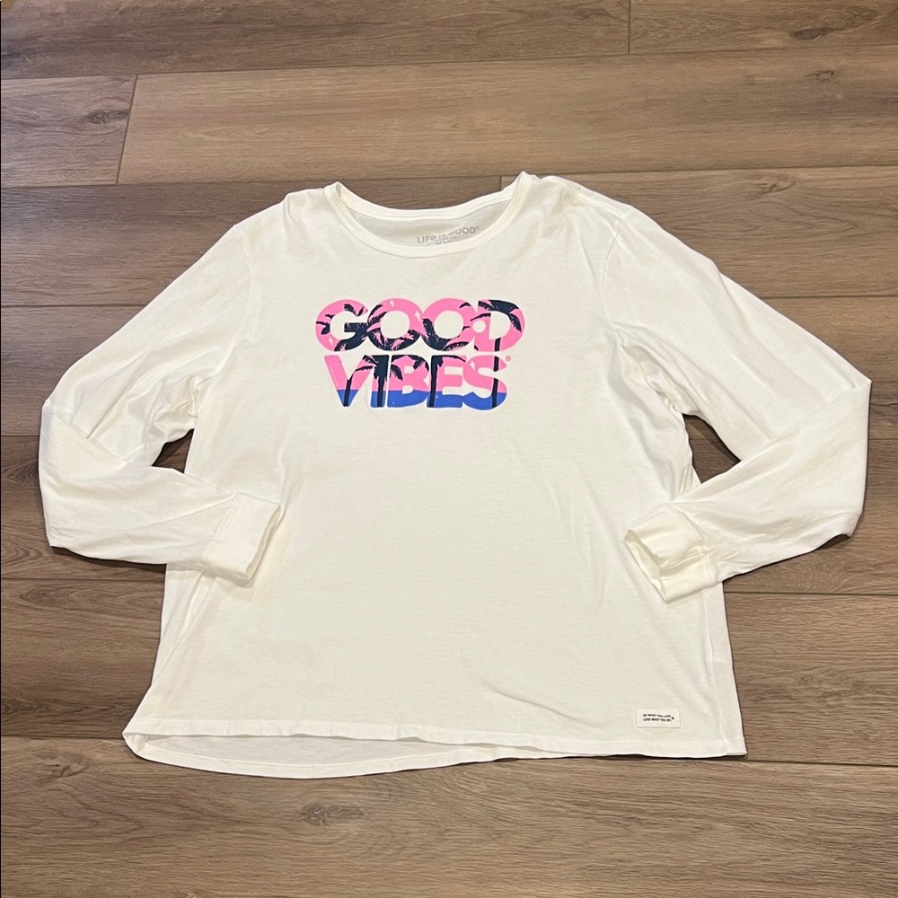 Life is Good “Good Vibes” White Long Sleeved Tee Size XXL Tropical Print Beach